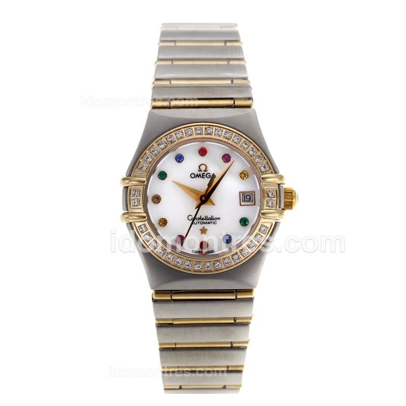 Omega Constellation Swiss ETA 2836 Movement Two Tone with Diamond Bezel-MOP Dial