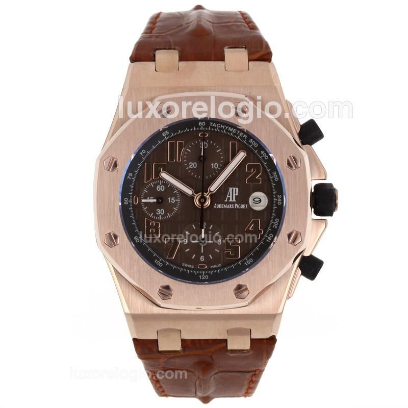 Audemars Piguet Royal Oak Offshore Chrono Swiss Valjoux 7750 Movement Rose Gold Case with Brown Checkered Dial-Brown Leat