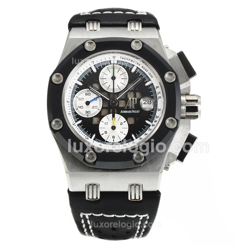 Audemars Piguet Ruben Barrichello Chronograph Swiss Valjoux 7750 Movement PVD Bezel with White Dial-Black Leather Strap-Sapphire Glass