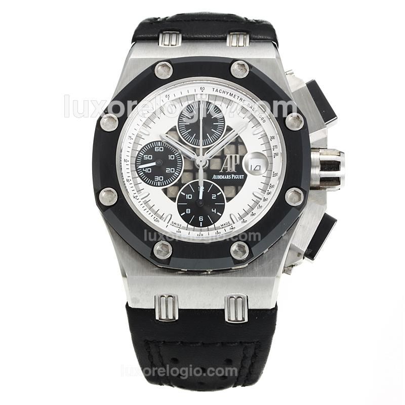 Audemars Piguet Ruben Barrichello Chronograph Swiss Valjoux 7750 Movement PVD Bezel with White Dial-Black Leather Strap-Sapphire Glass