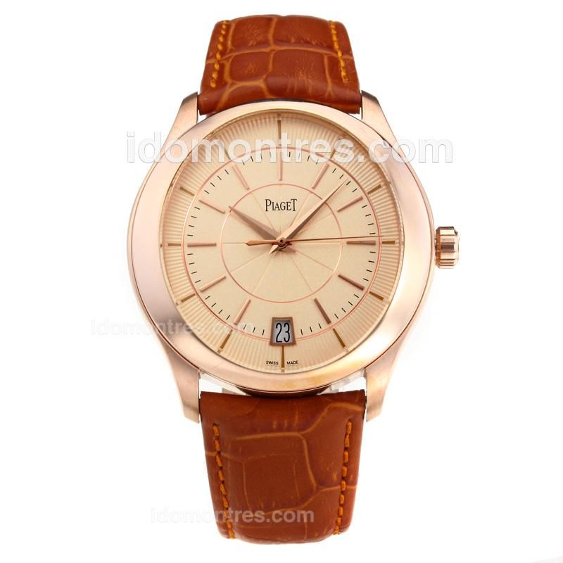 Piaget Gouverneur Automatic Rose Gold Case with Champagne Dial-Brown Leather Strap