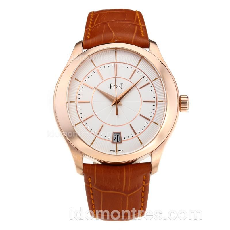 Piaget Gouverneur Automatic Rose Gold Case with White Dial-Brown Leather Strap