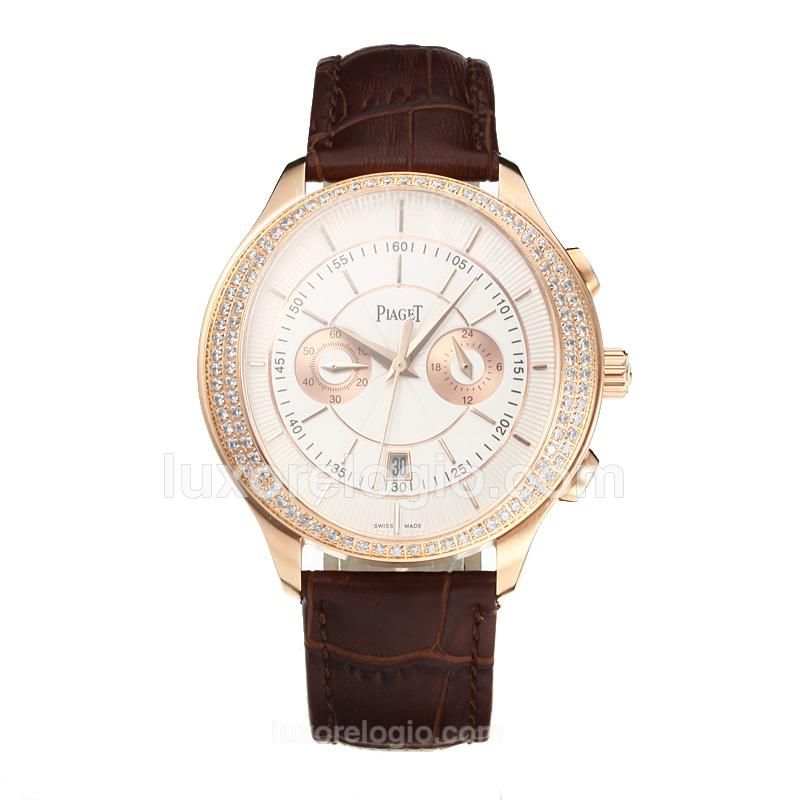 Piaget Gouverneur Working Chronograph Diamond Bezel Rose Gold Case with White Dial-Leather Strap-Same Chassis as the Swiss Version