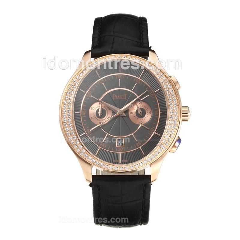 Piaget Gouverneur Working Chronograph Diamond Bezel Rose Gold Case with Black Dial-Leather Strap-Same Chassis as the Swiss Version