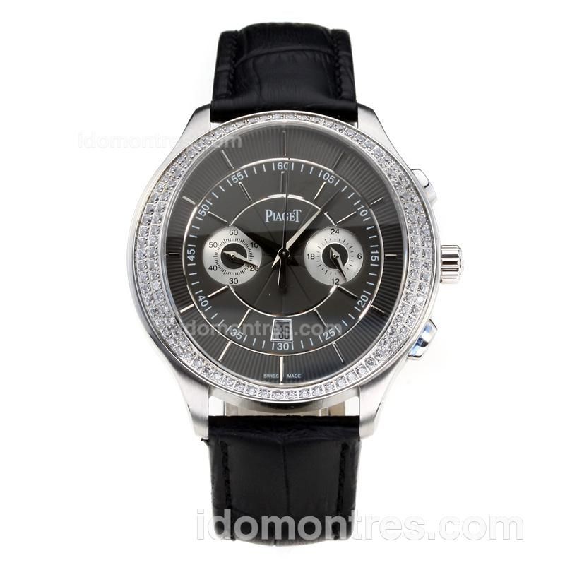 Piaget Gouverneur Working Chronograph Diamond Bezel with Black Dial-Leather Strap