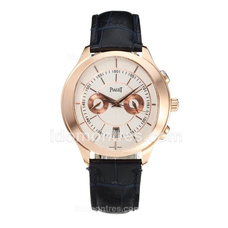 Piaget Gouverneur Working Chronograph Rose Gold Case with White Dial-Blue Leather Strap-Same Chassis as the Swiss Version