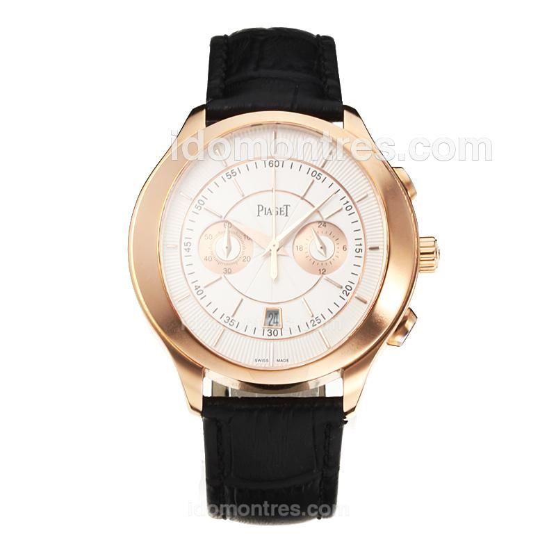 Piaget Gouverneur Working Chronograph Rose Gold Case with White Dial-Black Leather Strap-Same Chassis as the Swiss Version