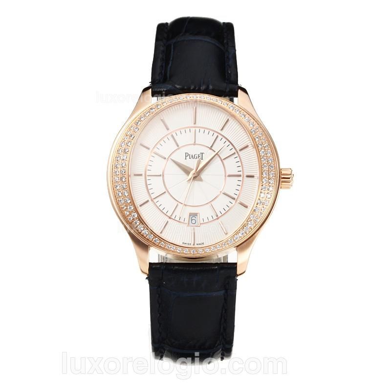 Piaget Polo Diamond Bezel Rose Gold Case with White Dial-Leather Strap-Same Chassis as the Swiss Version