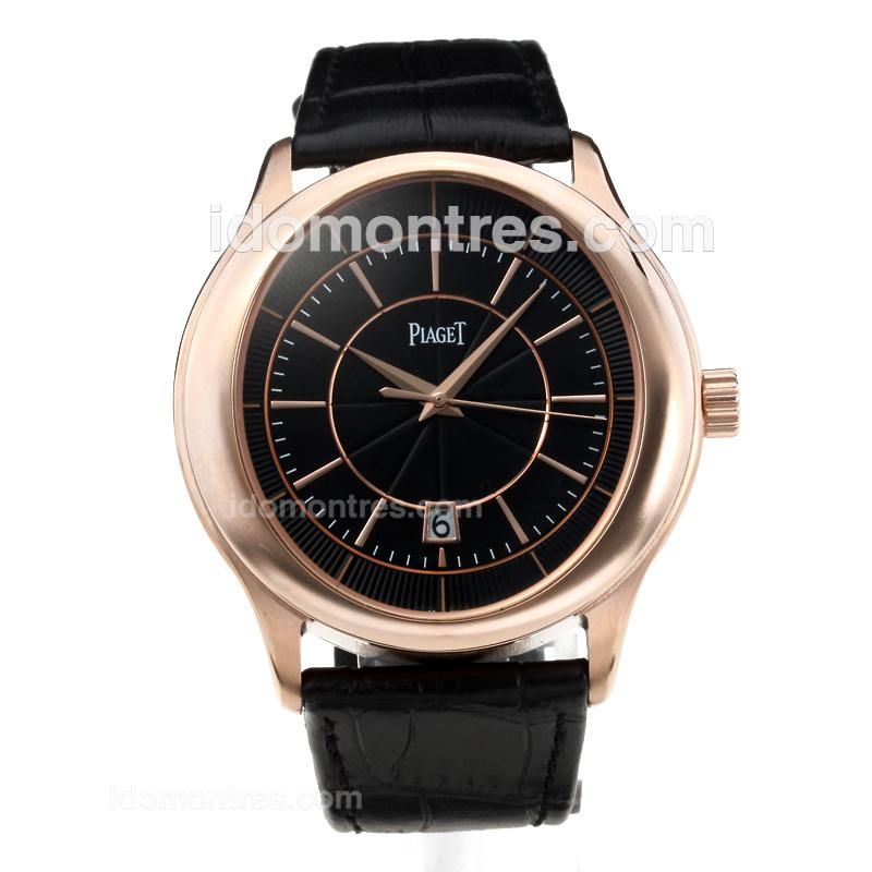 Piaget Polo Rose Gold Case with Black Dial-Black Leather Strap