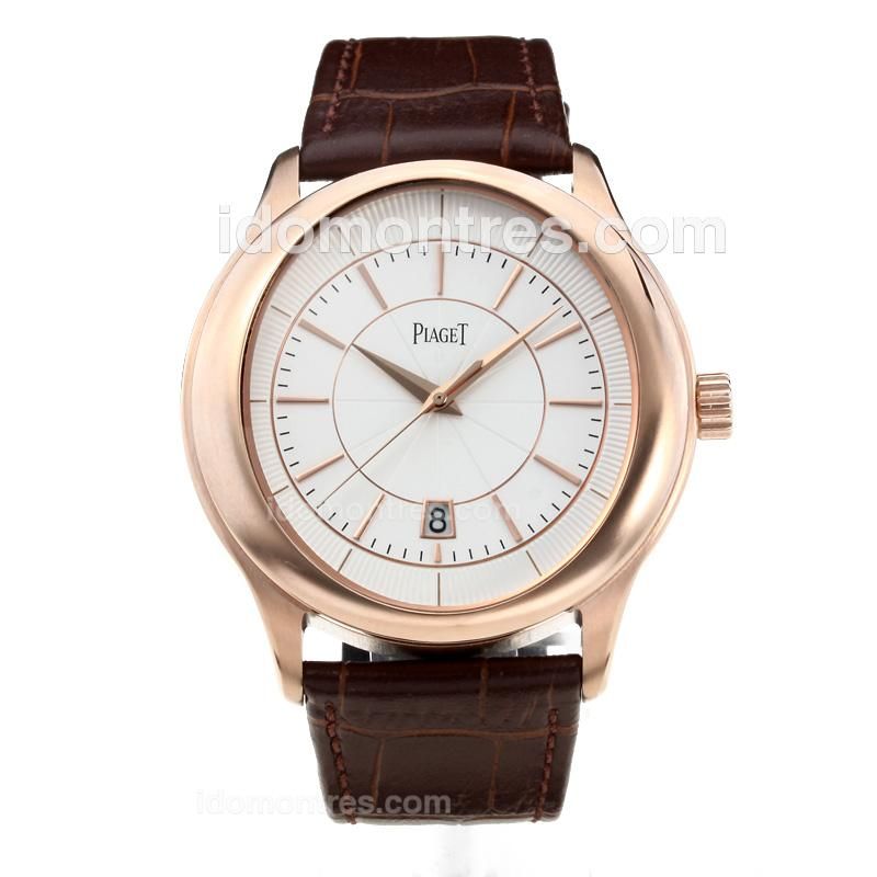 Piaget Polo Rose Gold Case with White Dial-Brown Leather Strap
