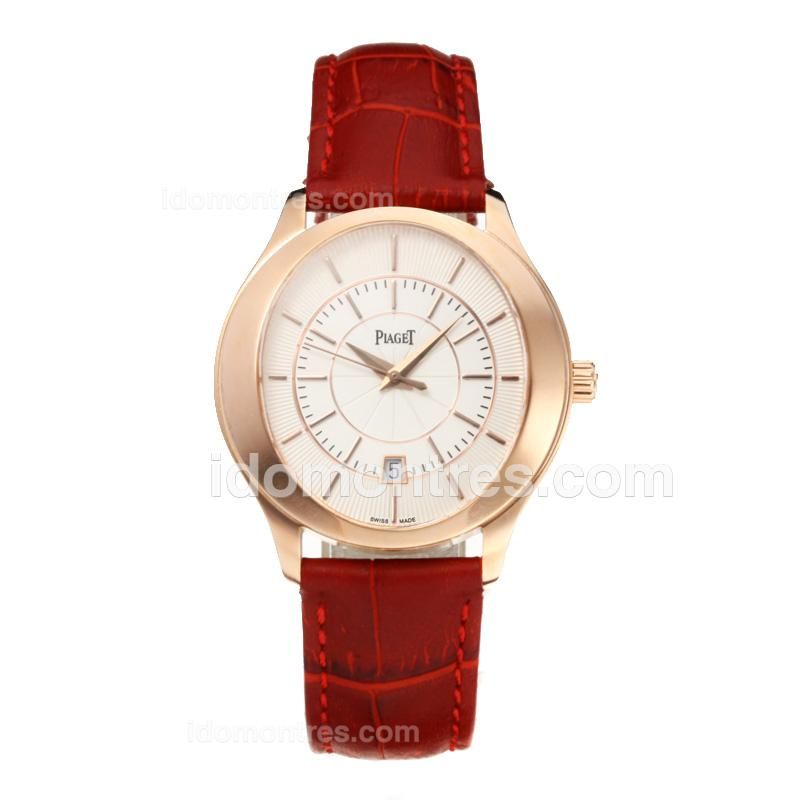 Piaget Polo Rose Gold Case with White Dial-Red Leather Strap-Same Chassis as the Swiss Version
