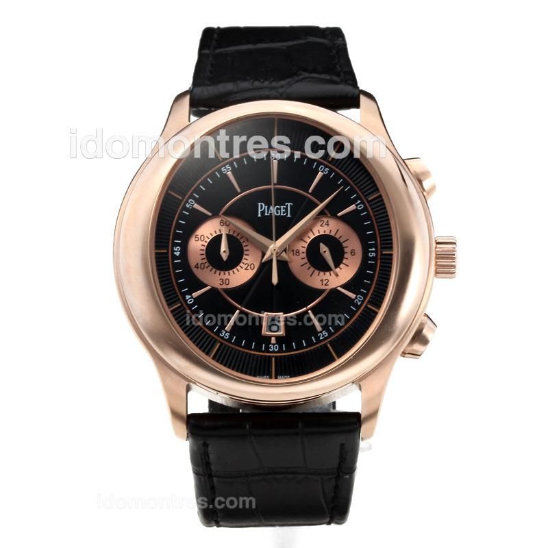 Piaget Polo Working Chronograph Rose Gold Case with Black Dial-Black Leather Strap