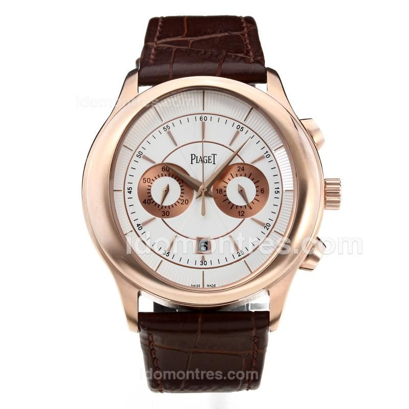 Piaget Polo Working Chronograph Rose Gold Case with White Dial-Black Leather Strap