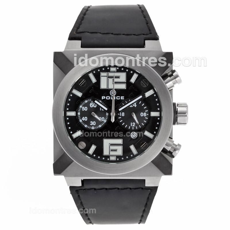 Police Working Chronograph with Black Dial-Leather Strap