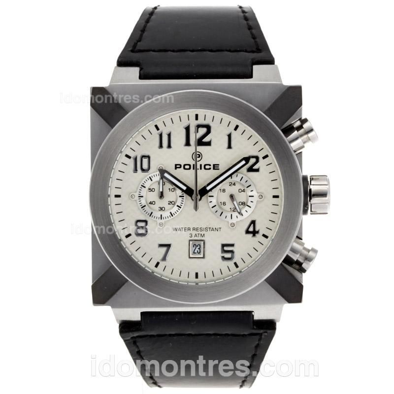 Police Working Chronograph with White Dial-Leather Strap