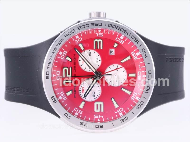 Porsche Design Flat 6 Working Chronograph with Red Dial AR Coating-Same Structure As 7750-High Quality