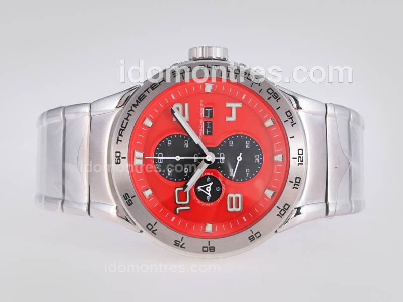 Porsche Design Flat 6 Working Chronograph with Red Dial-Same Structure As 7750 Version-High Quality