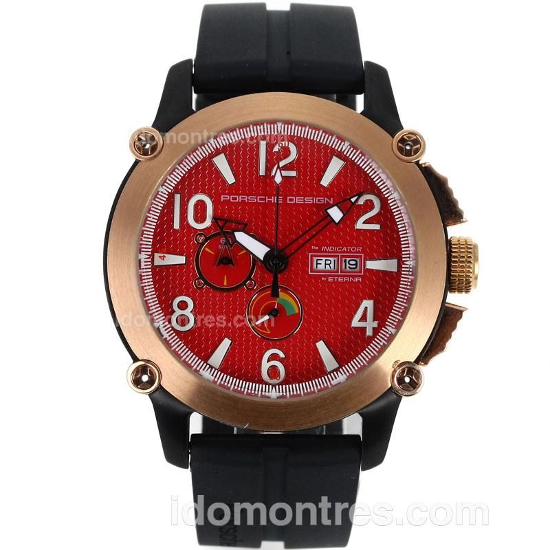 Porsche Design Indicator Working Chronograph PVD Case Rose Gold Bezel with Red Dial-Rubber Strap