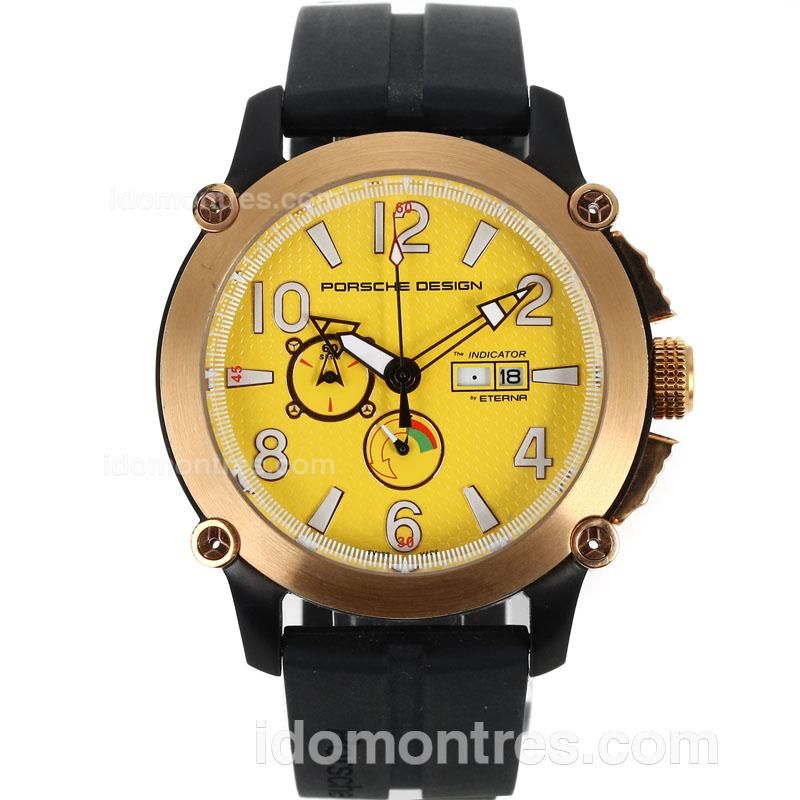 Porsche Design Indicator Working Chronograph PVD Case Rose Gold Bezel with Yellow Dial-Rubber Strap