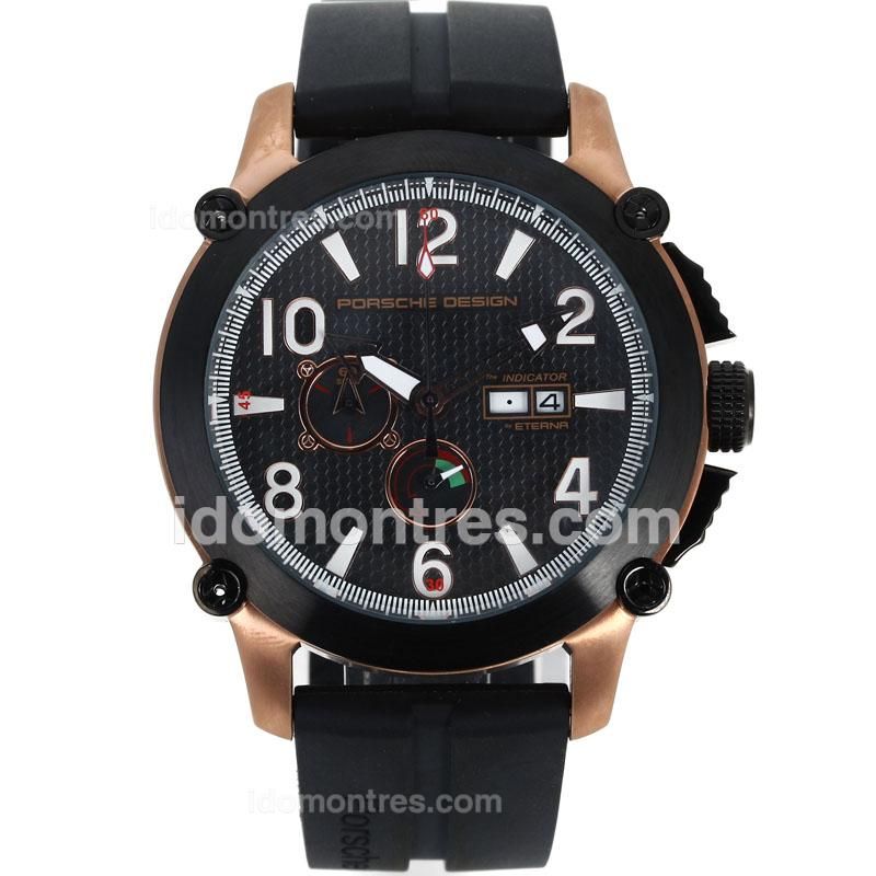 Porsche Design Indicator Working Chronograph Rose Gold Case PVD Bezel with Black Dial-Rubber Strap