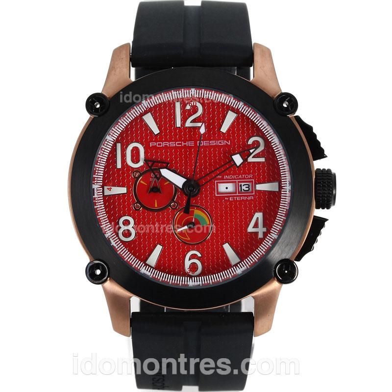 Porsche Design Indicator Working Chronograph Rose Gold Case PVD Bezel with Red Dial-Rubber Strap