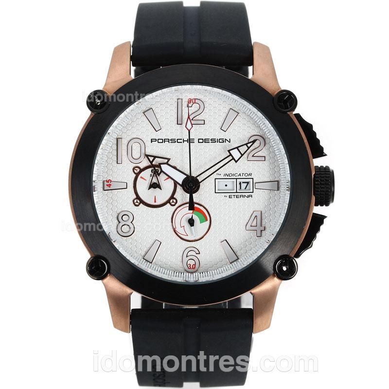 Porsche Design Indicator Working Chronograph Rose Gold Case PVD Bezel with White Dial-Rubber Strap