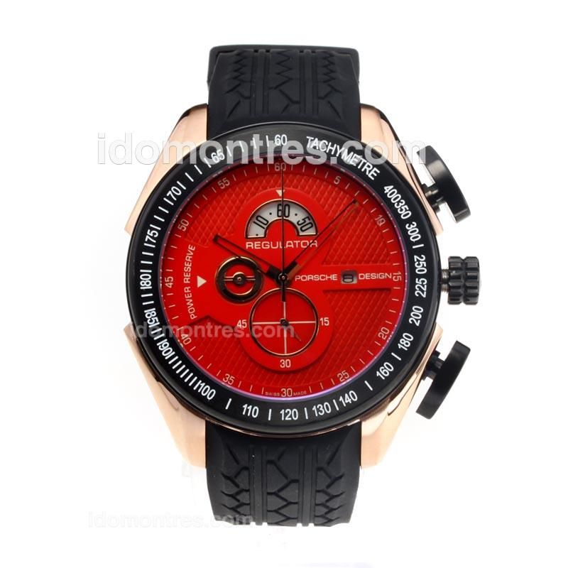 Porsche Design Regulator Working Chronograph PVD Bezel Rose Gold Case with Red Dial-Rubber Strap