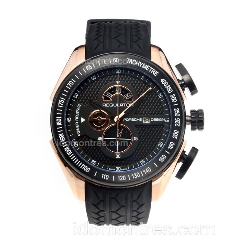 Porsche Design Regulator Working Chronograph PVD Bezel Rose Gold Case with Black Dial-Rubber Strap
