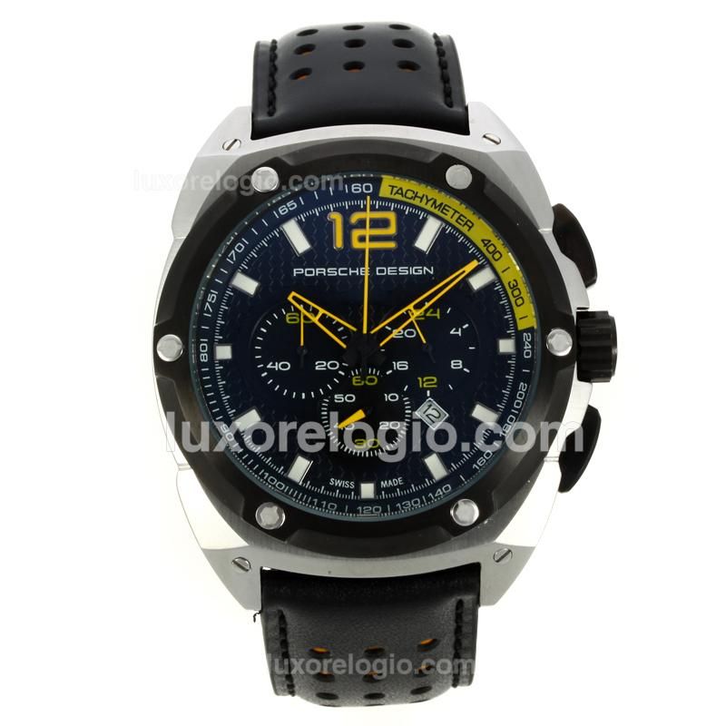 Porsche Design Working Chronograph PVD Bezel with Black Dial-Leather Strap