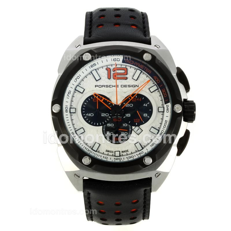 Porsche Design Working Chronograph PVD Bezel with White Dial-Leather Strap