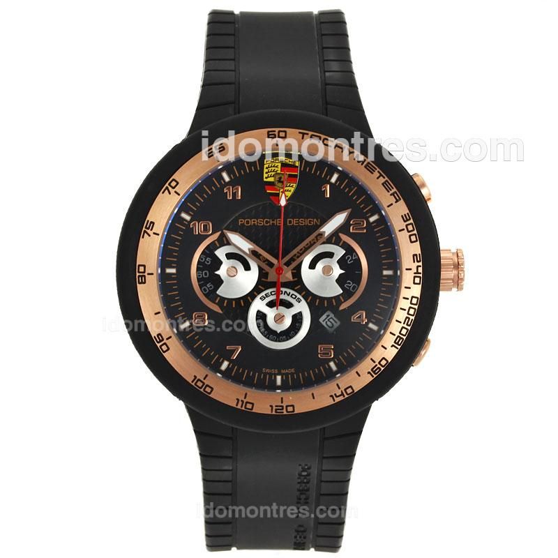 Porsche Design Working Chronograph PVD Case Rose Gold Bezel with Black Dial-Rubber Strap