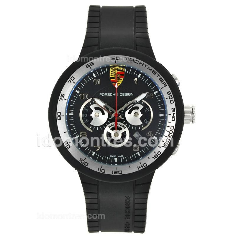Porsche Design Working Chronograph PVD Case Silver Bezel with Black Dial-Rubber Strap