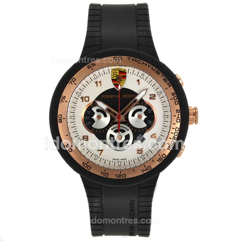Porsche Design Working Chronograph PVD Case Rose Gold Bezel with White Dial-Rubber Strap
