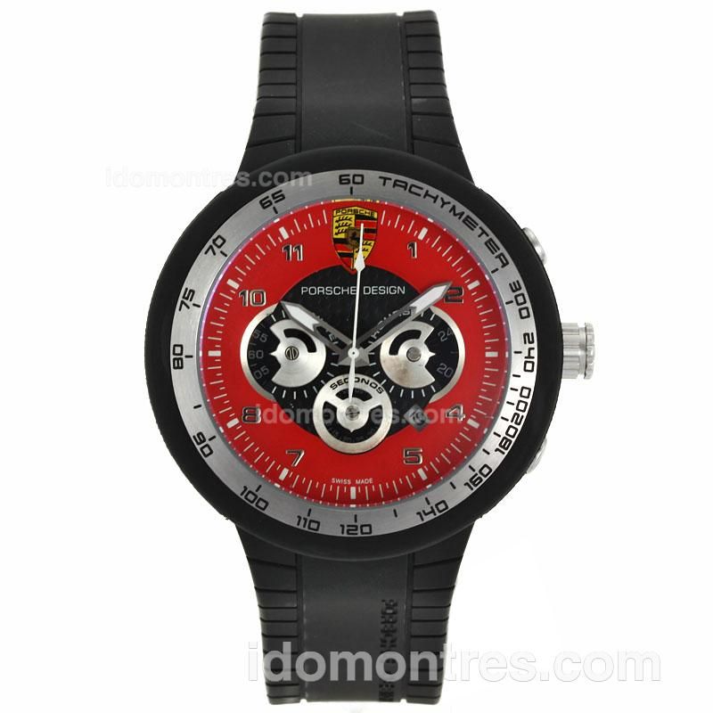 Porsche Design Working Chronograph PVD Case Silver Bezel with Red Dial-Rubber Strap