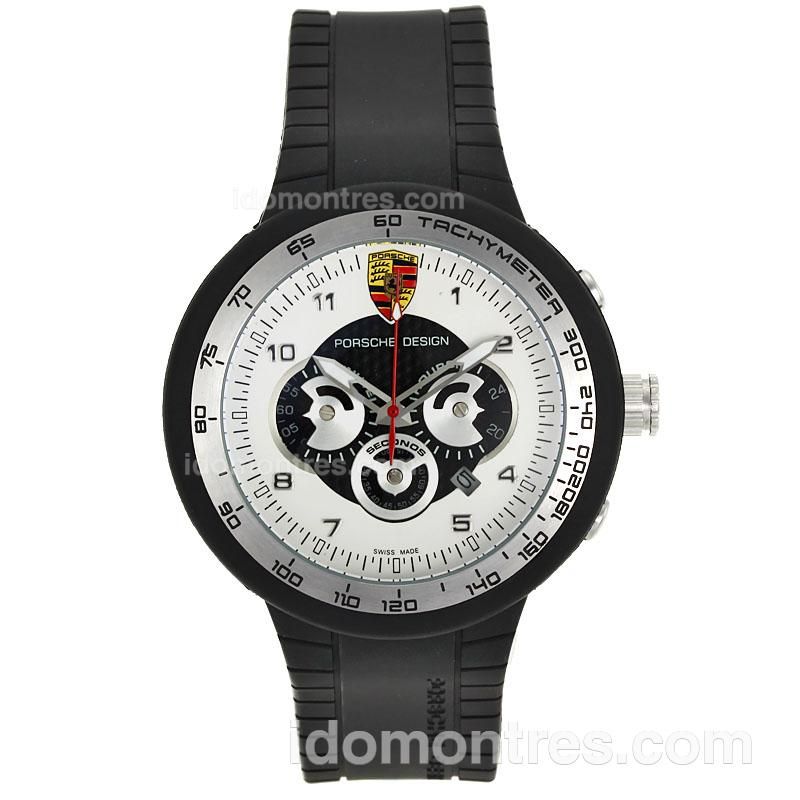 Porsche Design Working Chronograph PVD Case Silver Bezel with White Dial-Rubber Strap