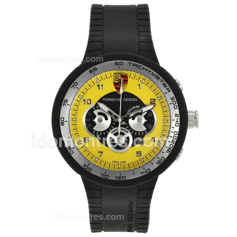 Porsche Design Working Chronograph PVD Case Silver Bezel with Yellow Dial-Rubber Strap