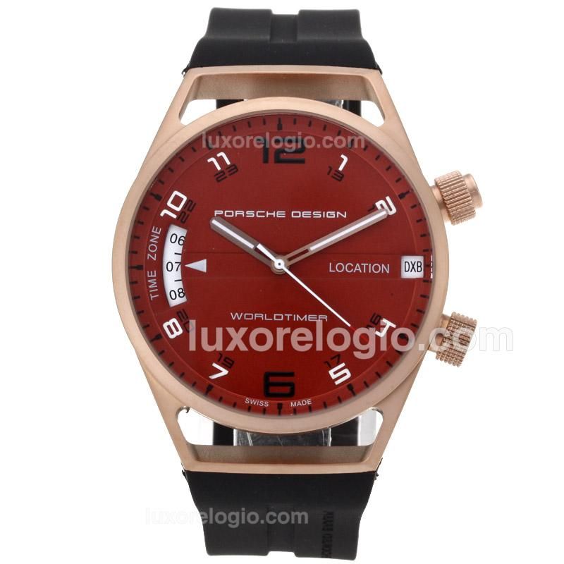 Porsche Design Worldtimer Automatic Rose Gold Case with Red Dial-Rubber Strap