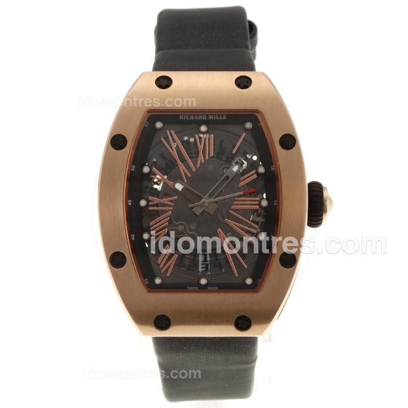 Richard Mille RM007 Automatic Rose Gold Case with Skeleton Dial-Leather Strap