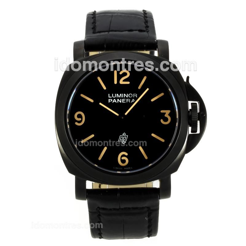 Panerai Luminor OP Logo Swiss ETA Unitas 6497 Movement PVD Case with Black Dial-Leather Strap