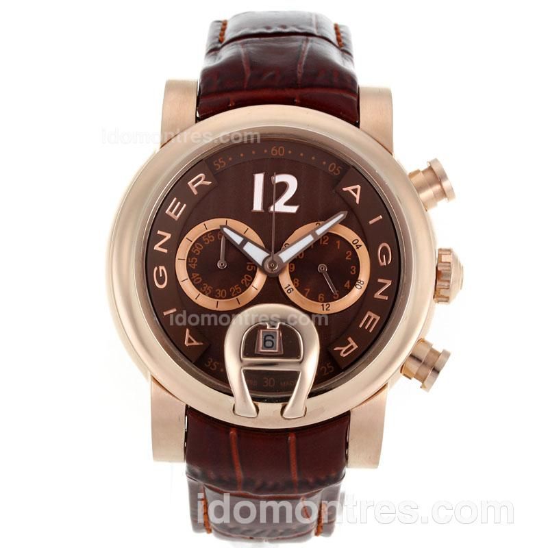 Aigner Working Chronograph Rose Gold Case with Brown Dial-Brown Leather Strap