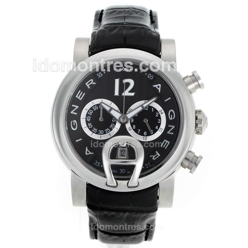 Aigner Working Chronograph with Black Dial-Black Leather Strap
