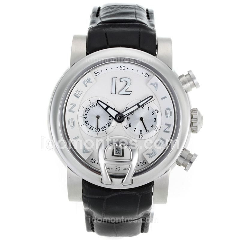 Aigner Working Chronograph with White Dial-Black Leather Strap