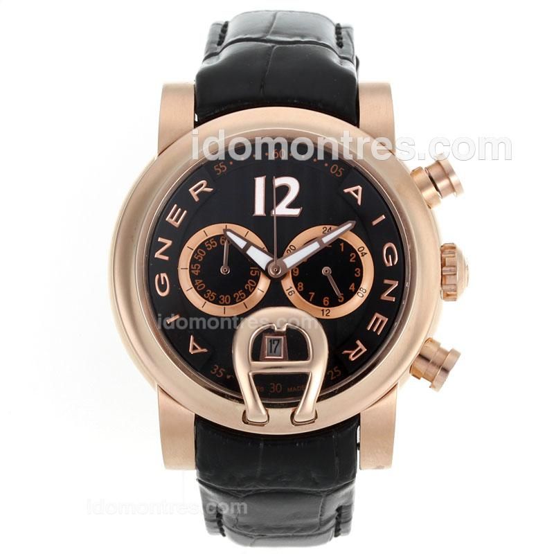 Aigner Working Chronograph Rose Gold Case with Black Dial-Black Leather Strap