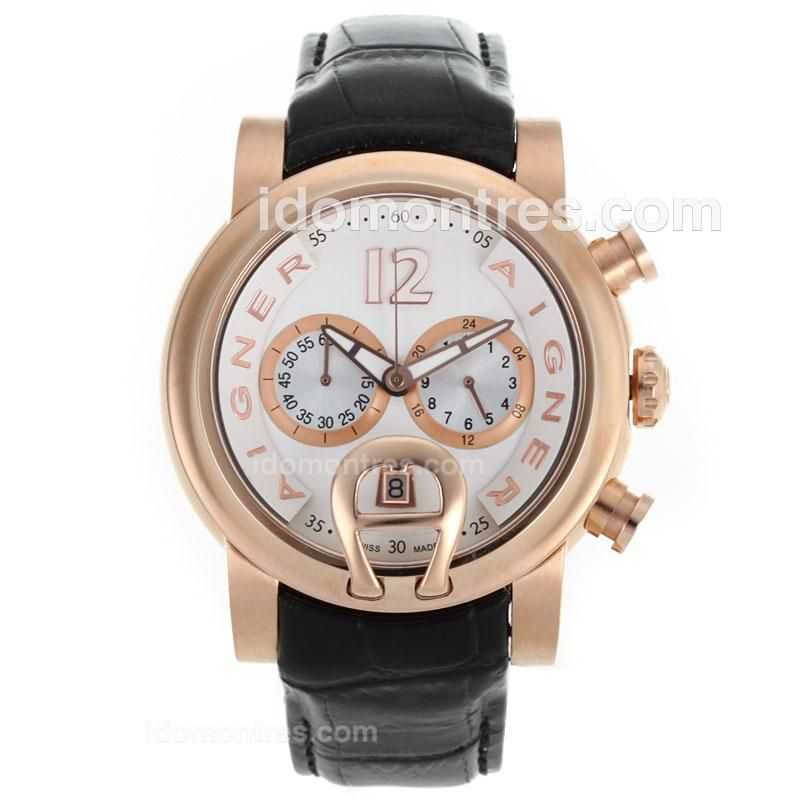Aigner Working Chronograph Rose Gold Case with White Dial-Black Leather Strap