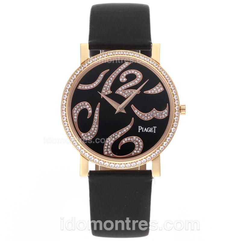 Piaget Altiplano Swiss ETA Movement Rose Gold Case Diamond Bezel with Black Dial-Leather Strap