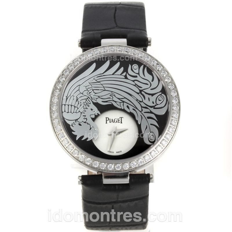 Piaget Dragon & Phoenix Collection Diamond Bezel with Black Dial-Black Leather Strap