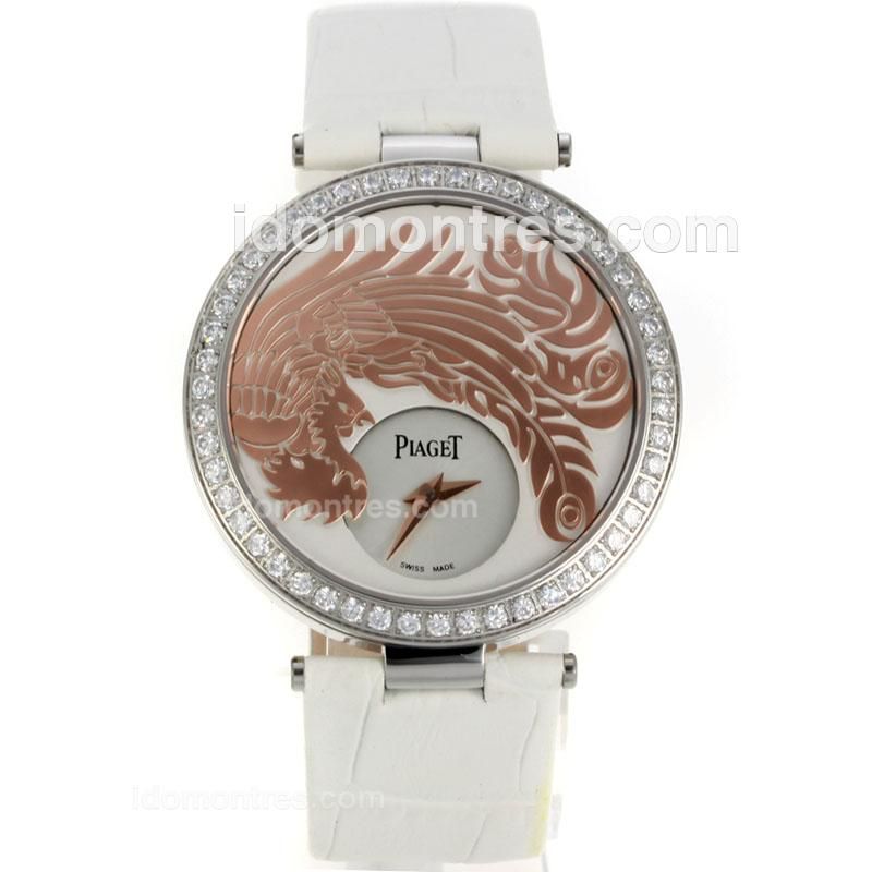 Piaget Dragon & Phoenix Collection Diamond Bezel with White Dial-Leather Strap