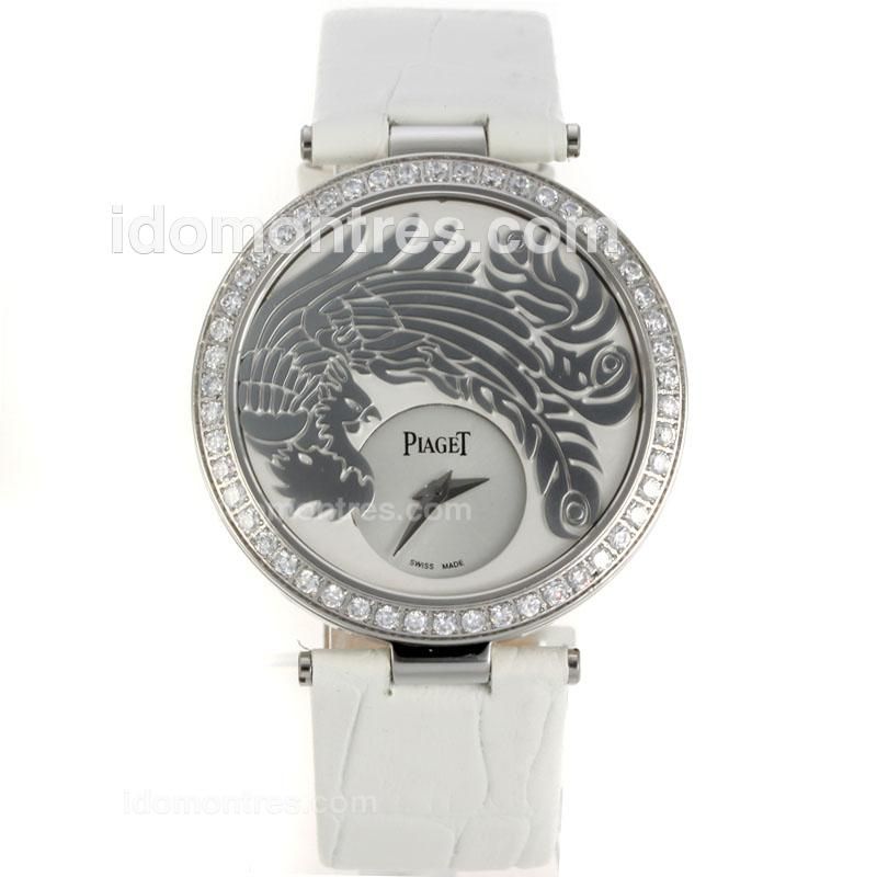 Piaget Dragon & Phoenix Collection Diamond Bezel with White Dial-White Leather Strap