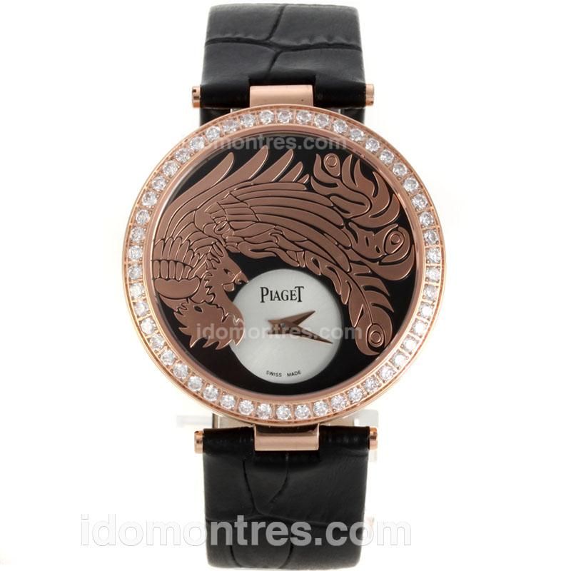 Piaget Dragon & Phoenix Collection Rose Gold Case Diamond Bezel with Black Dial-Black Leather Strap