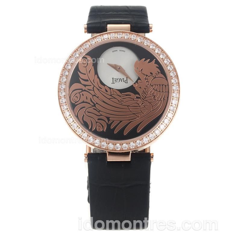 Piaget Dragon & Phoenix Collection Rose Gold Case Diamond Bezel with Black Dial-Leather Strap